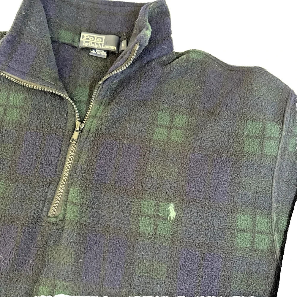 Vintage Polo Ralph Lauren Y2K Silver Tag Blue Green Plaid 1/4 Zip Fleece Large